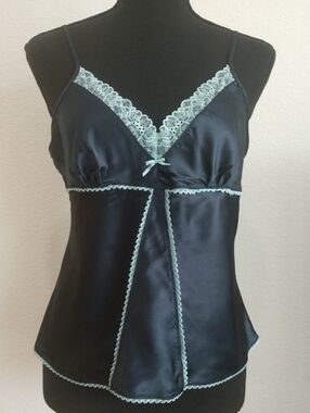 Victoria's Secret Navy Satin Camisole with Light Blue Lace Trim